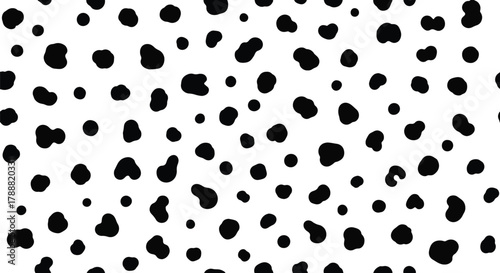 Flat vector dalmatian pattern with scattered soft round spots in irregular spacing. Solid black on white, clean minimal look, seamless repeat, no gradients. Perfect for cute packaging