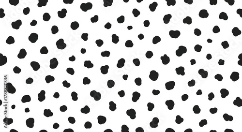 Flat vector dalmatian pattern with scattered soft round spots in irregular spacing. Solid black on white, clean minimal look, seamless repeat, no gradients. Perfect for cute packaging