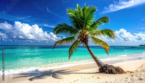 Fototapeta Naklejka Na Ścianę i Meble -  A Solitary Palm Tree Leans Over a Pristine White Sand Beach with Turquoise Ocean Waters and Bright Blue Sky with Fluffy White Clouds