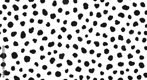 Flat vector dalmatian pattern with scattered soft round spots in irregular spacing. Solid black on white, clean minimal look, seamless repeat, no gradients. Perfect for cute packaging