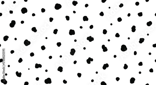 Flat vector dalmatian pattern with scattered soft round spots in irregular spacing. Solid black on white, clean minimal look, seamless repeat, no gradients. Perfect for cute packaging