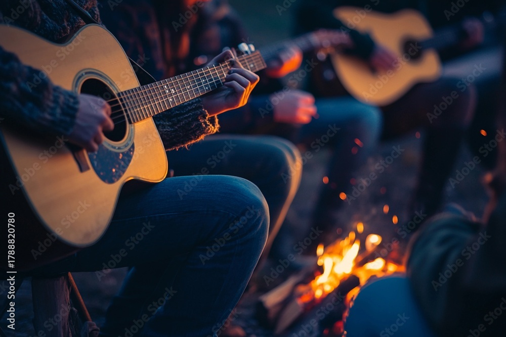 Obraz premium Group of friends jamming together with guitars and drums