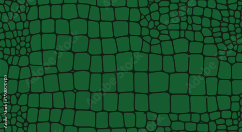 Flat vector crocodile pattern with irregular rectangular scale plates. Solid deep green palette, no gradients, seamless repeat. Perfect for nature and adventure branding