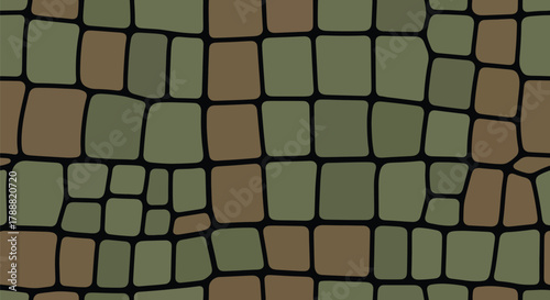 Flat vector crocodile pattern with irregular rectangular scale plates. Solid deep green palette, no gradients, seamless repeat. Perfect for nature and adventure branding
