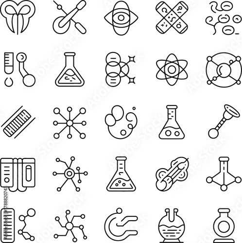 Collection of science and laboratory related icons in a minimalist line art style on a white background