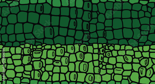 Flat vector crocodile pattern with irregular rectangular scale plates. Solid deep green palette, no gradients, seamless repeat. Perfect for nature and adventure branding