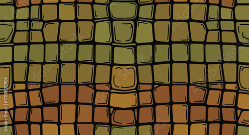 Flat vector crocodile pattern with irregular rectangular scale plates. Solid deep green palette, no gradients, seamless repeat. Perfect for nature and adventure branding