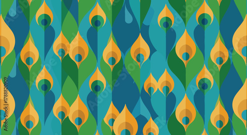 Flat vector peacock feather pattern using teardrop shapes and circular accent centers. Solid bold colors, no gradients, seamless repeat. Elegant and decorative nature theme