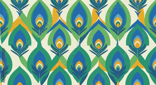 Flat vector peacock feather pattern using teardrop shapes and circular accent centers. Solid bold colors, no gradients, seamless repeat. Elegant and decorative nature theme