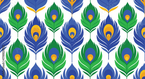 Flat vector peacock feather pattern using teardrop shapes and circular accent centers. Solid bold colors, no gradients, seamless repeat. Elegant and decorative nature theme