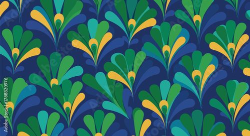 Flat vector peacock feather pattern using teardrop shapes and circular accent centers. Solid bold colors, no gradients, seamless repeat. Elegant and decorative nature theme