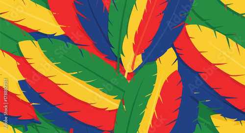 Flat vector parrot feather pattern with large overlapping feather shapes in solid bright tropical colors. Seamless repeat, no gradients, lively colorful design