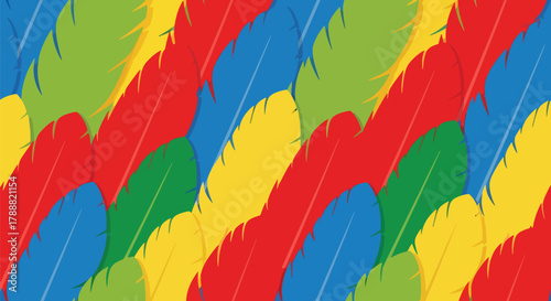 Flat vector parrot feather pattern with large overlapping feather shapes in solid bright tropical colors. Seamless repeat, no gradients, lively colorful design