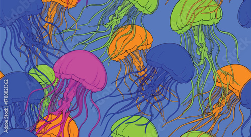 Flat vector jellyfish pattern using long flowing wave shapes representing tentacles. Soft pastel solid palette, smooth rhythm, seamless repeat, no gradients