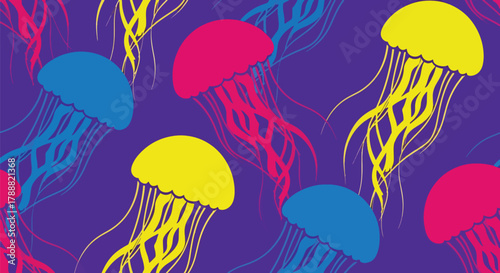 Flat vector jellyfish pattern using long flowing wave shapes representing tentacles. Soft pastel solid palette, smooth rhythm, seamless repeat, no gradients