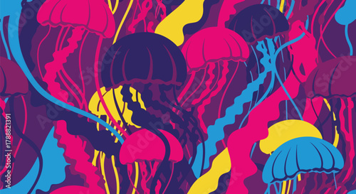 Flat vector jellyfish pattern using long flowing wave shapes representing tentacles. Soft pastel solid palette, smooth rhythm, seamless repeat, no gradients