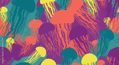 Flat vector jellyfish pattern using long flowing wave shapes representing tentacles. Soft pastel solid palette, smooth rhythm, seamless repeat, no gradients