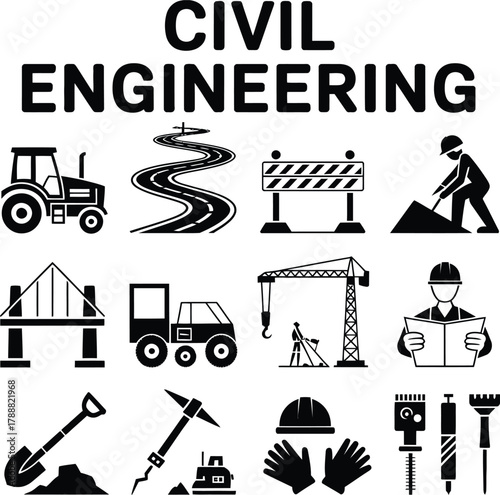 Civil engineering themed icons featuring construction equipment and workers in black and white style