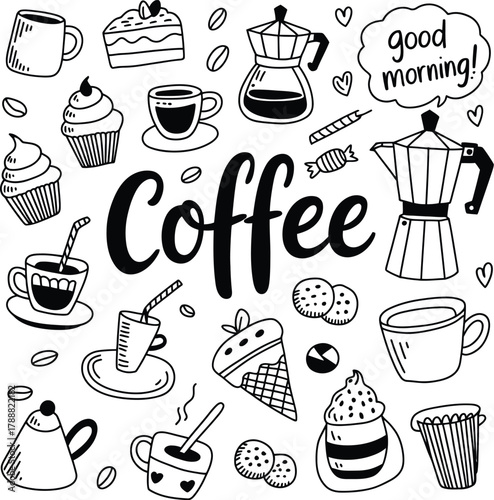 Black and white doodle illustration featuring coffee cups and desserts with good morning message