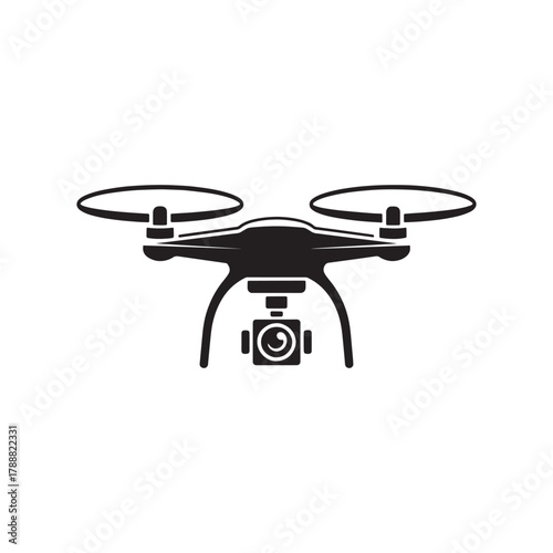 Drone Silhouette Icon with Camera – Modern Quadcopter Vector Symbol for Photography, Aerial Filming, and Technology Design.