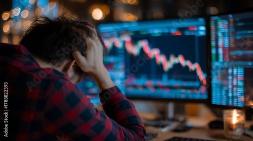 Struggling trader experiences financial loss with downward stock market charts displayed on multiple monitors in dimly lit room