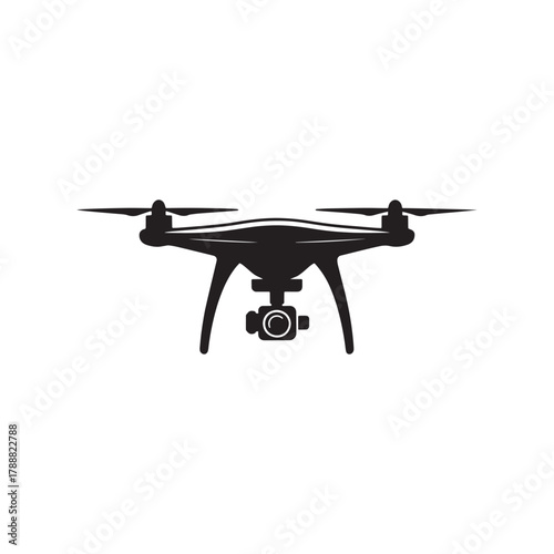 Drone Silhouette Icon with Camera – Modern Quadcopter Vector Symbol for Photography, Aerial Filming, and Technology Design.