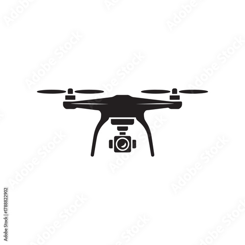 Drone Silhouette Icon with Camera – Modern Quadcopter Vector Symbol for Photography, Aerial Filming, and Technology Design.