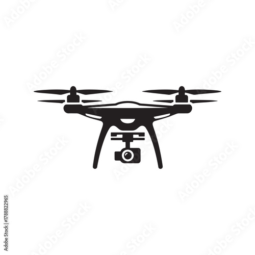 Drone Silhouette Icon with Camera – Modern Quadcopter Vector Symbol for Photography, Aerial Filming, and Technology Design.