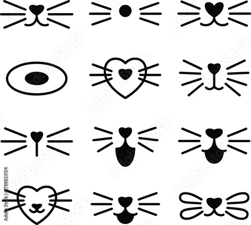 Collection of twelve different cat face designs with whiskers and heart shaped noses in black and white