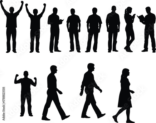 Business people silhouette set, teamwork poses vector collection, office workers, communication, walking, success, leadership illustration