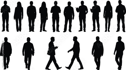 Business people silhouette set, corporate teamwork poses vector, office professionals, communication, walking, leadership, cooperation art