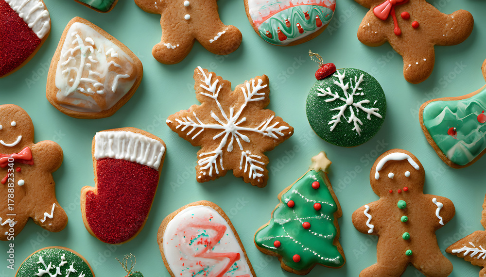 Naklejka premium Flat lay composition with tasty homemade Christmas cookies on green background, space for text