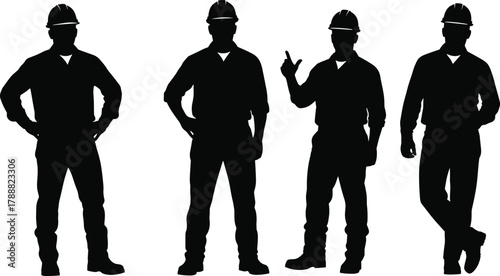 Construction worker silhouette set, engineer poses vector, industrial safety, hard hat professional, teamwork illustration art