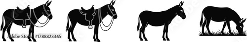 Donkey silhouette set, farm animal vector collection, grazing donkey, saddled mule, rural livestock, agriculture illustration design