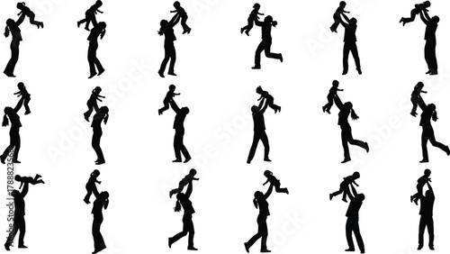 Parents playing with children silhouettes, happy family bonding moments, lifting kids, joyful parent-child vector illustration