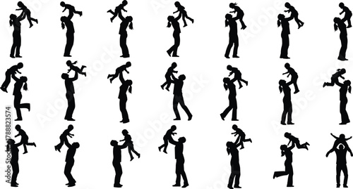 Parents playing with children silhouettes, happy family moments, lifting kids, parenting love vector illustration design