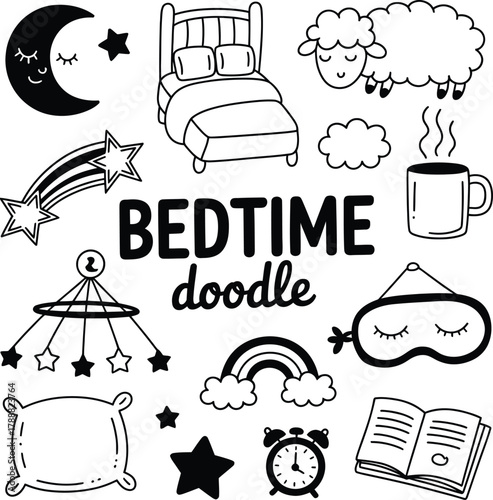 Bedtime doodle with moon stars bed sheep cloud coffee rainbow and other sleep related elements