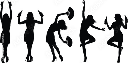 Women dancing silhouettes with drinks and fans, party celebration, joyful lifestyle vector illustration for design