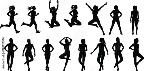 Women silhouette poses, fitness and fashion figure collection, female body movement vector illustration for design