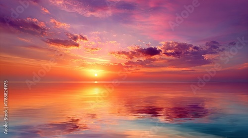 Vivid hues blend in the sky as the sun sets over tranquil waters creating a peaceful scene.