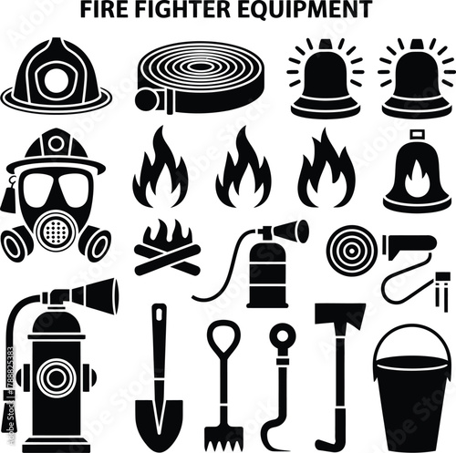 Black and white firefighter equipment icons including helmet and gas mask illustration set vector