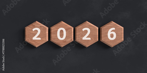 Fototapeta Naklejka Na Ścianę i Meble -  Year 2026 on wooden hexagonal tiles representing future planning and timeline