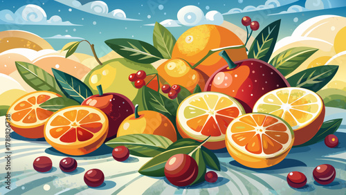 Fresh oranges, lemons, and cranberries arranged in a snowy setting with subtle frost on the surface, evoking a cozy and festive winter mood full of color and life