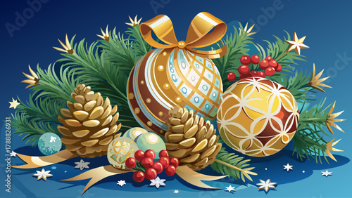 Luxurious Christmas ornaments combined with pinecones, white berries, and gold ribbon decorations, beautifully arranged on a blue surface. A festive still life radiating elegance and winter charm
