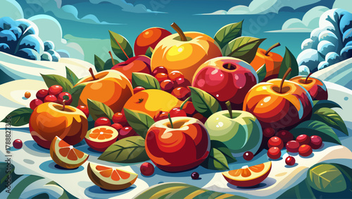 Colorful arrangement of apples, oranges, and cranberries placed gently on fresh snow, illuminated by soft winter light. A refreshing seasonal composition symbolizing natural beauty and holiday warmth