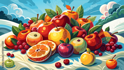 Colorful arrangement of apples, oranges, and cranberries placed gently on fresh snow, illuminated by soft winter light. A refreshing seasonal composition symbolizing natural beauty and holiday warmth