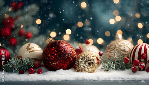 Christmas Holiday background with snow, fir tree and decorations with christmas light behind. Christmas red, white and golden balls