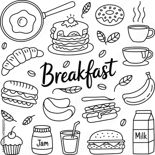 Doodle style breakfast food illustration with pancakes, eggs, and coffee in black and white line art