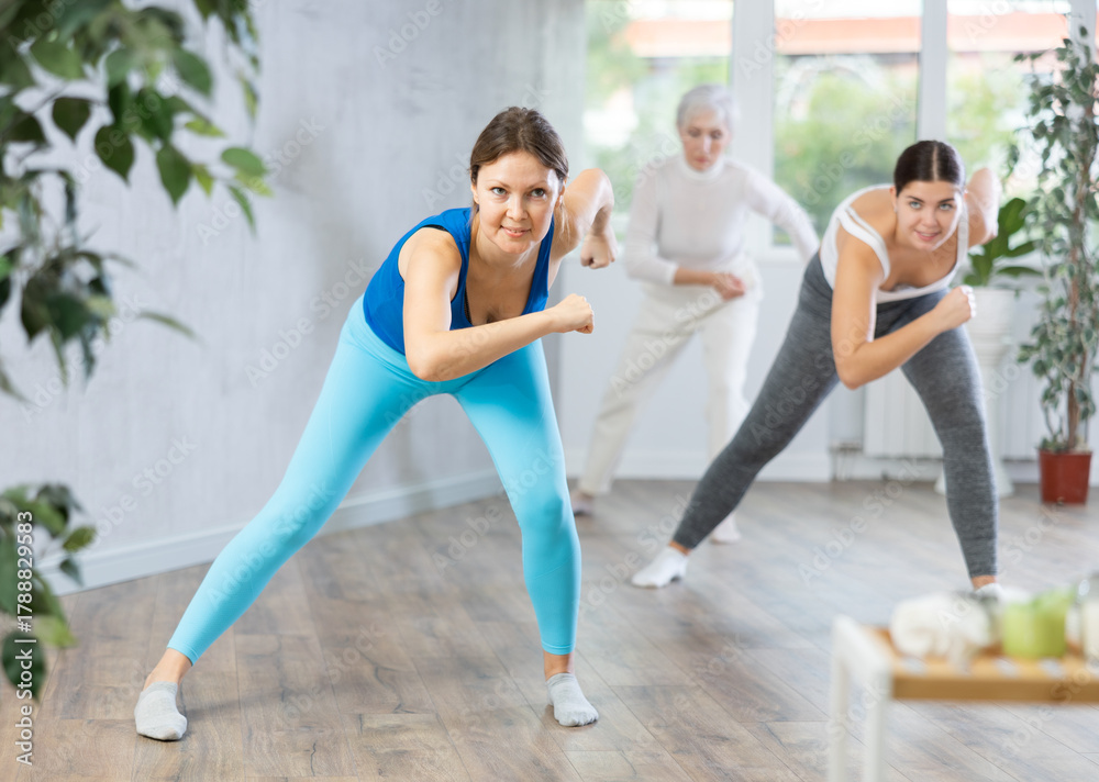 Obraz premium Group of positive women who care about their physical health practice active dancing during a workout in a fitness studio