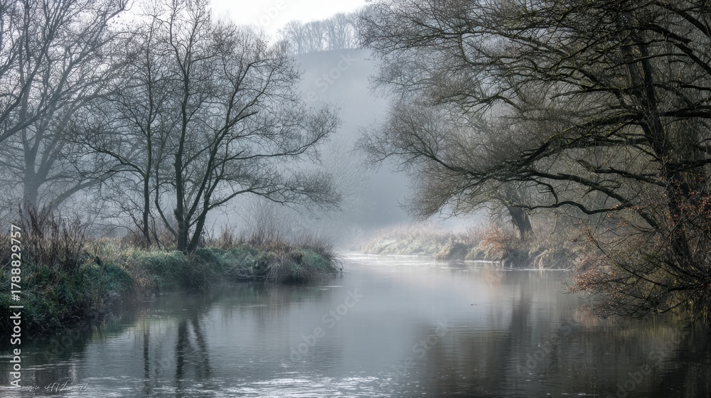 Fototapeta premium A quiet river flows gently through a misty landscape filled with trees. Early morning light adds a peaceful ambiance to this rural scene, showcasing nature's beauty.